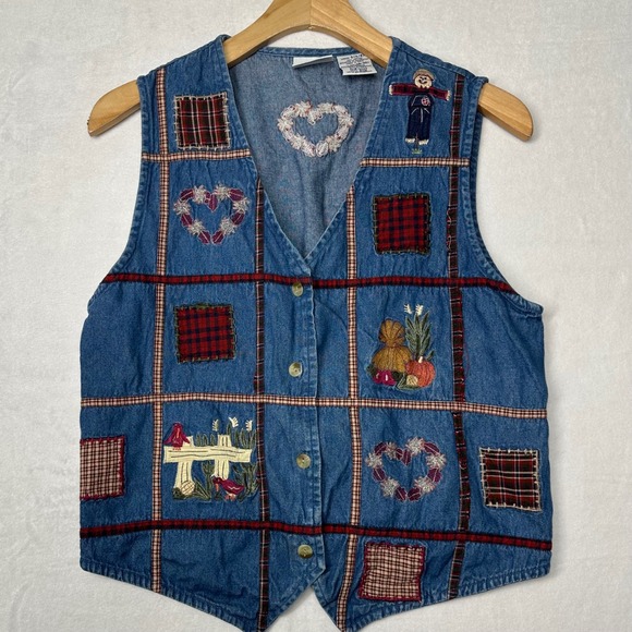 Bobbie Brooks Denim Vest Patchwork Embroidered Farmcore Cottagecore Size S - Picture 2 of 8